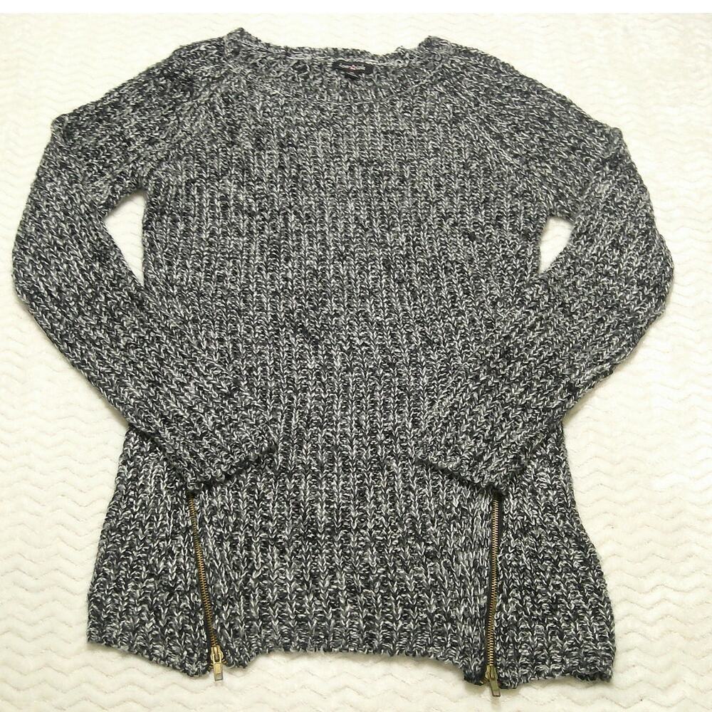 Love Lola Women's XL Knitted Crewneck Sweater Black White W/ Lower Side Zippers